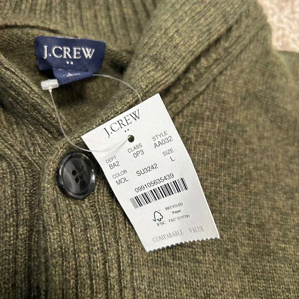 J.Crew Shawl Collar Sweater Wool Blend Men Size Large Olive Green Preppy NWT